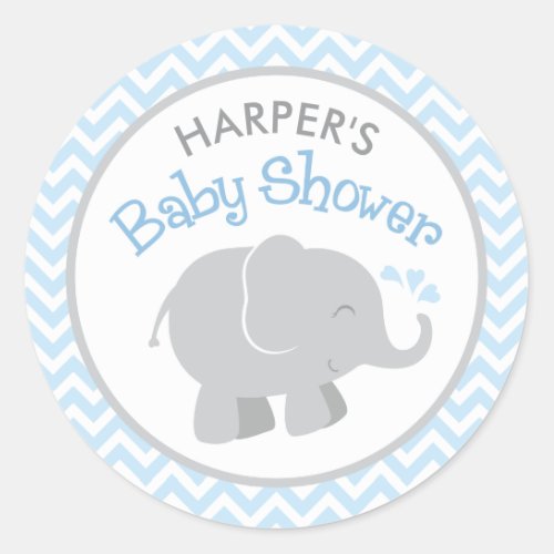 Modern Blue and Gray Elephant Boy Baby Shower Classic Round Sticker