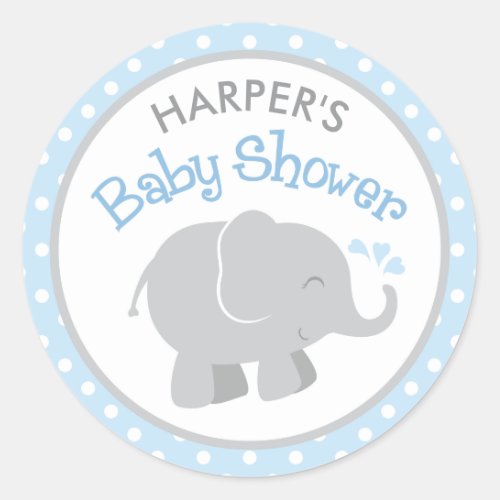 Modern Blue and Gray Elephant Boy Baby Shower Classic Round Sticker