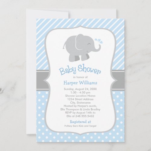 Modern Blue and Gray Elephant Boy Baby Shower Invitation