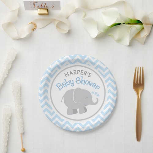 Modern Blue and Gray Elephant Boy Baby Shower Paper Plates