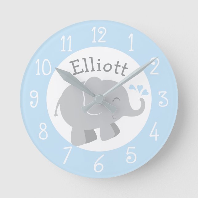 Modern Blue and Gray Elephant Custom Monogram Round Clock (Front)