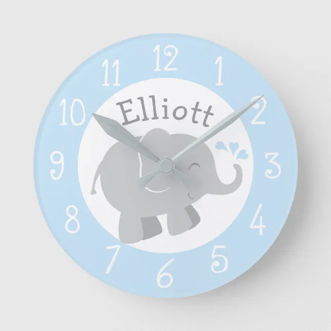 Modern Blue and Gray Elephant Custom Monogram Round Clock | Zazzle