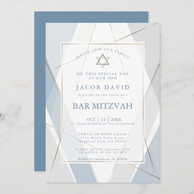 Modern Blue and Gray Lines Bar Mitzvah Invitation (Front/Back)