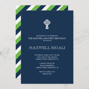 Modern Blue and Green Baptism and First Birthday Invitation