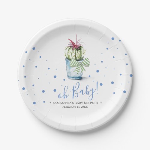 Modern Blue and Green Cactus Baby Shower Paper Plates