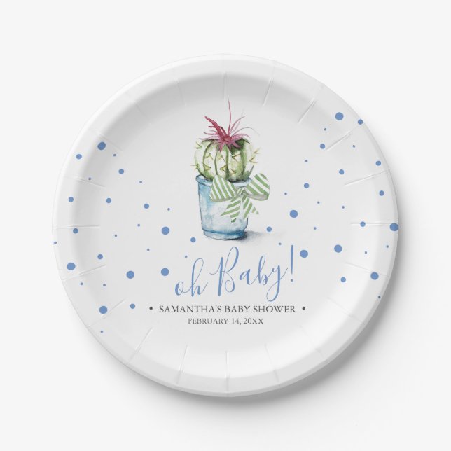 Modern Blue and Green Cactus Baby Shower Paper Plates (Front)