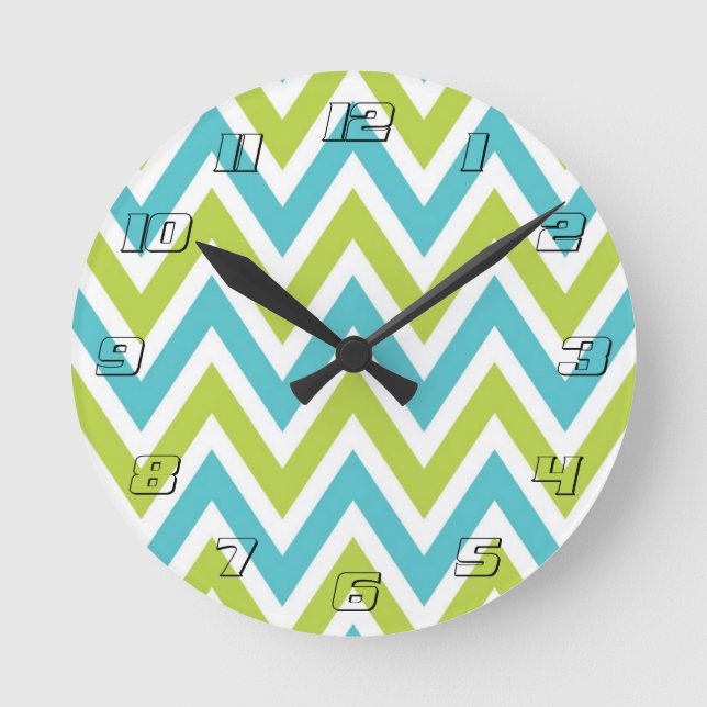 Modern Blue and Green Chevron Round Clock (Front)