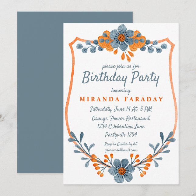 Modern Blue and Orange Flowers Frame Birthday Invitation (Front/Back)