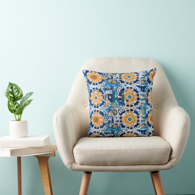 Modern Blue and Orange Tile Monogram Throw Pillow (Chair)