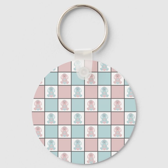 Modern Blue and Pink Easter Bunny Egg Cute Design Keychain (Front)