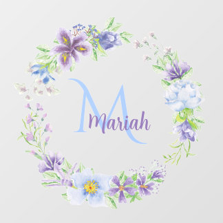 Modern Blue and Purple Floral Monogrammed Wreath Wall Decal