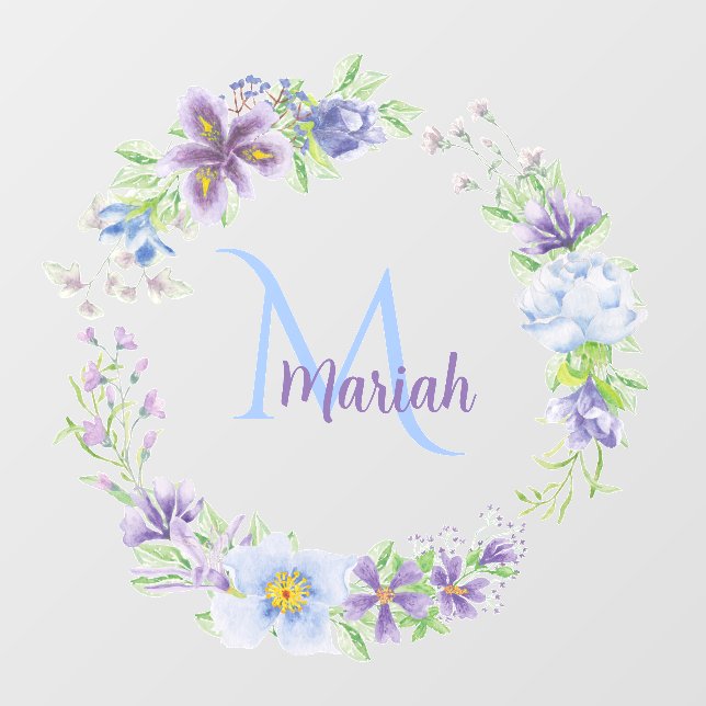 Modern Blue and Purple Floral Monogrammed Wreath Wall Decal (Front)