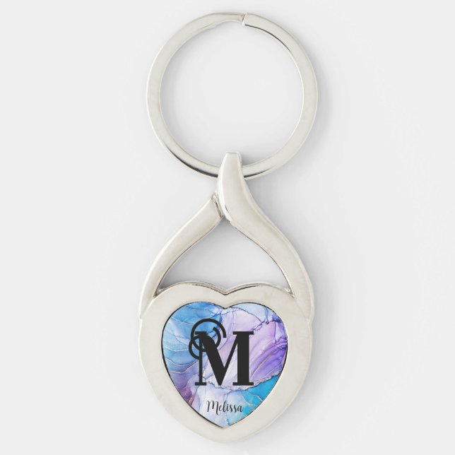 Modern Blue and Purple marbled monogram Keychain (Front)