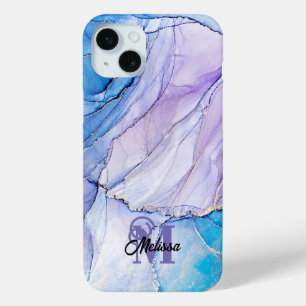 Modern Blue and Purple Marbled monogramed Name iPhone 15 Plus Case