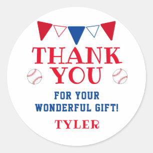 Modern Blue and Red Baseball Thank you Favor Classic Round Sticker
