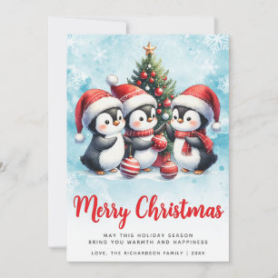 Modern Blue and Red Cute Penguins Merry Christmas Holiday Card