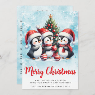 Modern Blue and Red Cute Penguins Merry Christmas Holiday Card