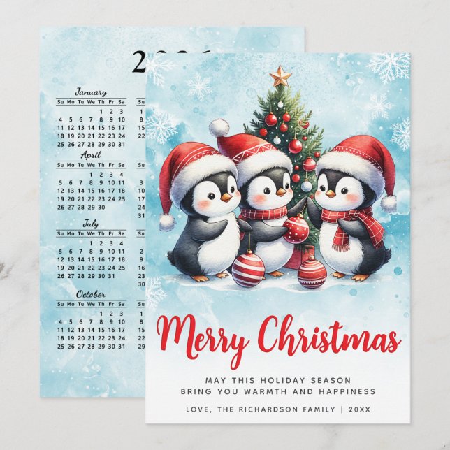 Modern Blue and Red Cute Penguins Merry Christmas Holiday Card (Front/Back)