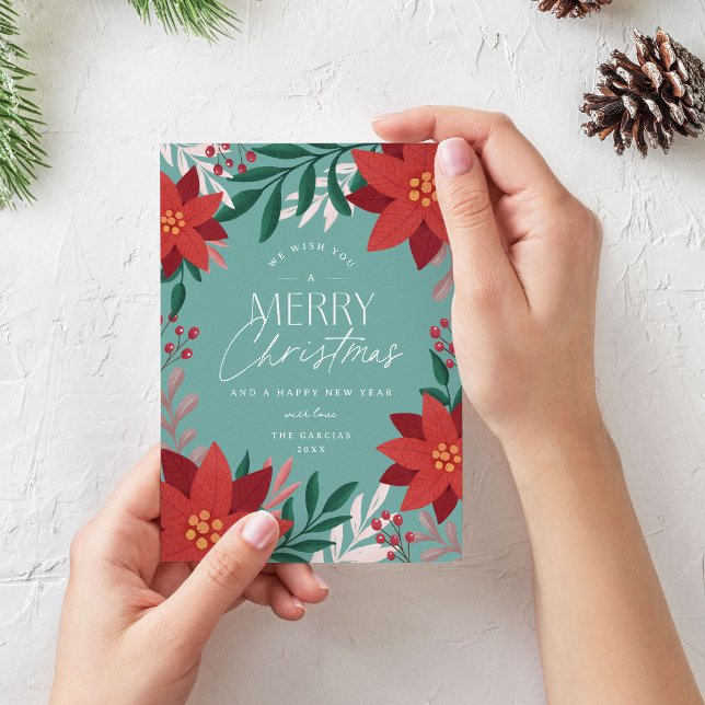 Modern Blue and Red Flowers Merry Christmas  Holiday Card (Teal Christmas card with red poinsettia flowers)