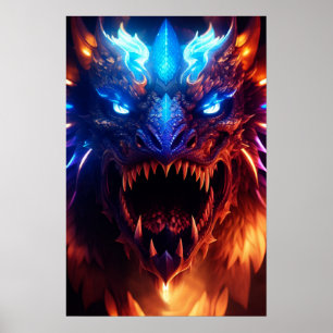 Modern Blue And Red Glowing Fantasy Dragon Graphic Poster