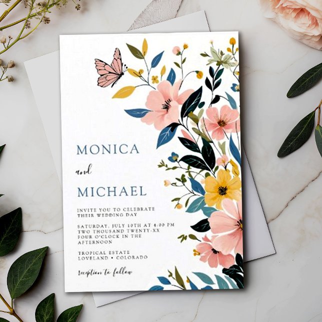 Modern Blue and Roses Floral Wildflower Wedding Invitation (Creator Uploaded)