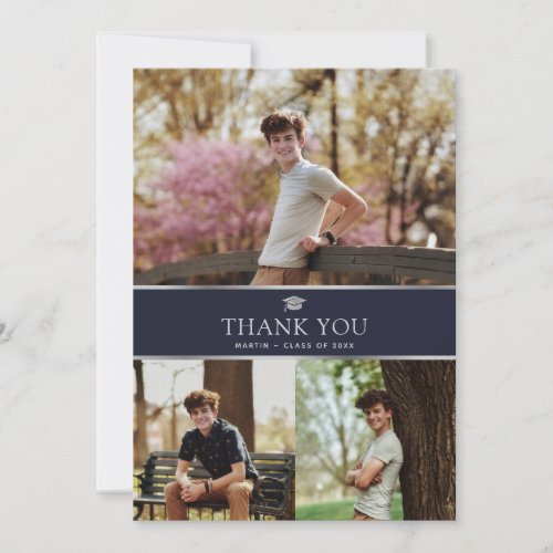 Modern Blue and Silver Photo Collage Graduation Thank You Card