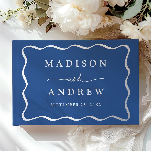 Modern Blue and Silver Wavy Frame Photo Wedding Foil Guest Book (Creator Uploaded)
