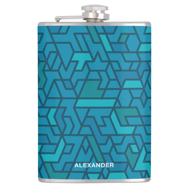 Modern Blue and Teal Green Geometric With Name Flask (Front)
