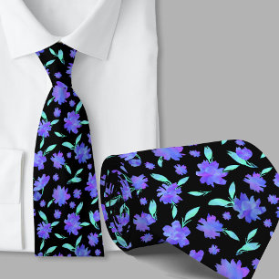 Modern blue and teal watercolor flowers neck tie