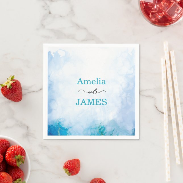 Modern Blue and Turquoise watercolor Wedding Napkins (Insitu)