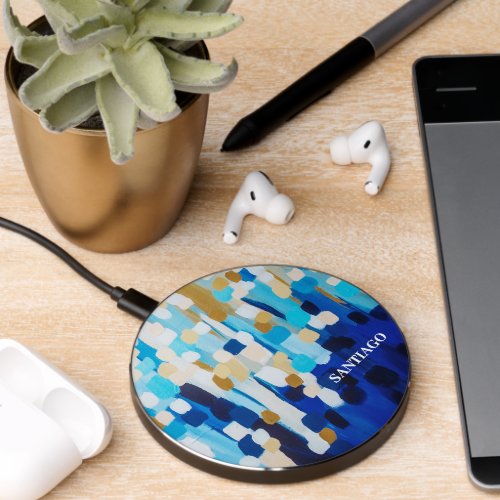 Modern Blue and White Abstract Art Design Wireless Charger