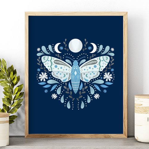 Modern Blue And White Abstract Moth Illustration Poster