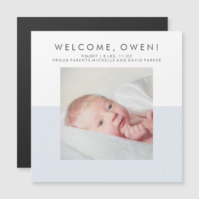 Modern Blue and White Birth Announcement | Photo (Front/Back)