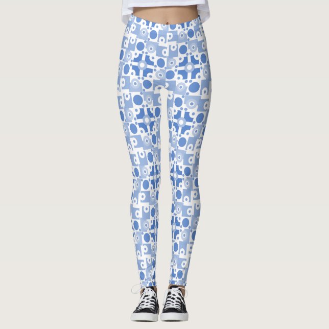 Modern Blue and White Circuitry Leggings (Front)