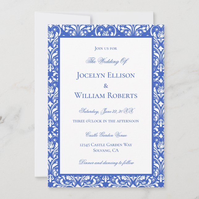 Modern Blue And White Damask Wedding Invitation (Front)
