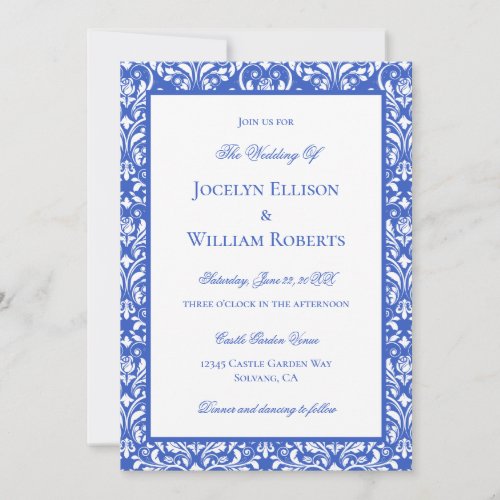 Modern Blue And White Damask Wedding Invitation