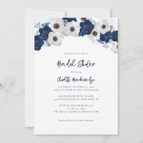 Modern Blue and White Floral Bridal Shower Invitation