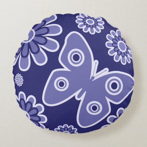 Modern Blue And White Floral Butterfly Round Pillow