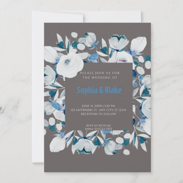 Modern Blue and White Floral Framed Gray Wedding Invitation (Front)