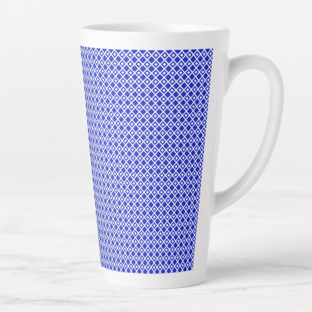 Modern Blue and White Geometric Diamond Pattern Latte Mug (Right)
