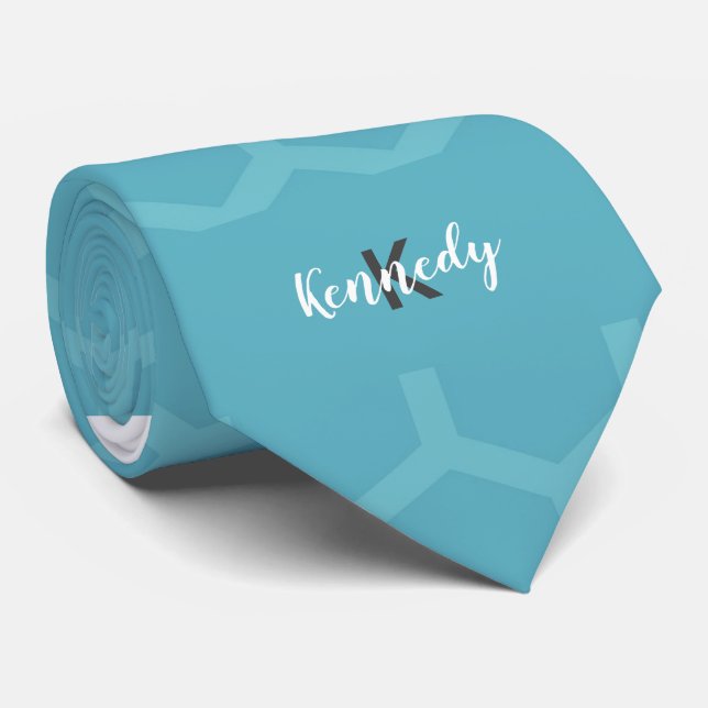 Modern Blue and White Geometric Monogram Name    Neck Tie (Rolled)