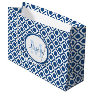 Modern Blue and White Geometric Monogram With Name Large Gift Bag