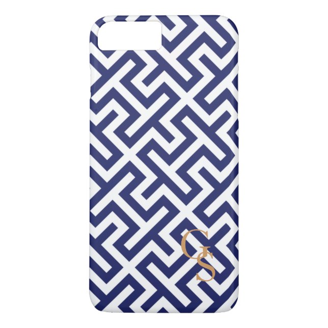 Modern blue and white geometric patterns monogram Case-Mate iPhone case (Back)