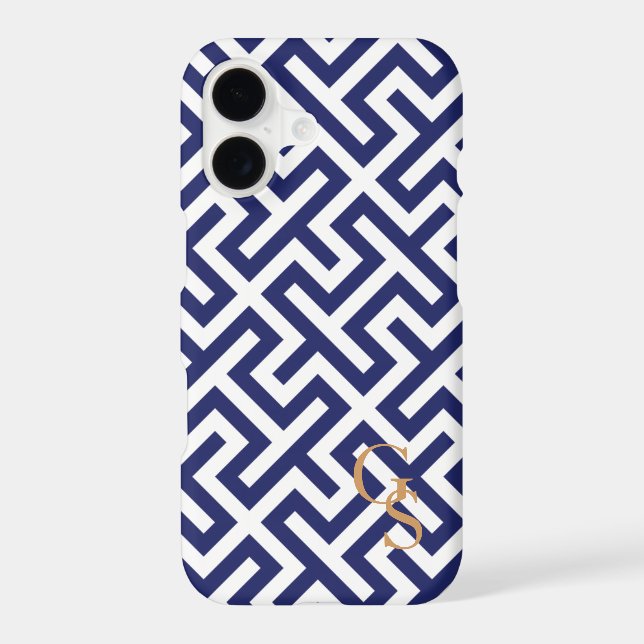Modern blue and white geometric patterns monogram iphone case (Back)