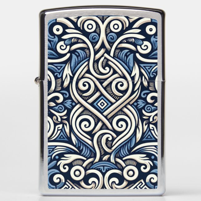 Modern Blue and white Greek Meander pattern  Zippo Lighter (Front)