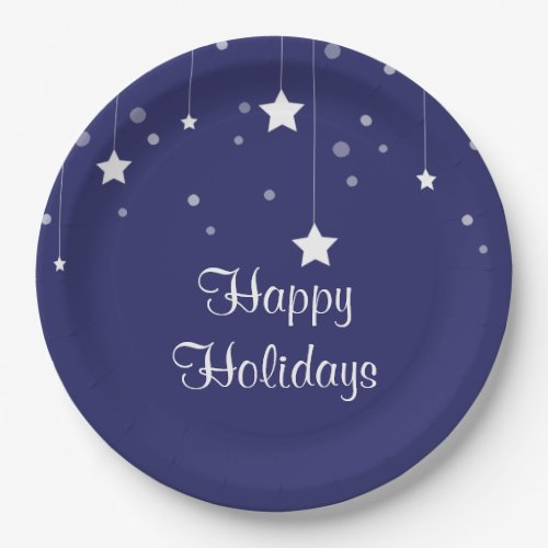 Modern Blue and White Happy Holidays Paper Plate