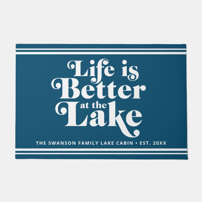 Modern Blue and White Lake Life Family Name   Doormat (Front)