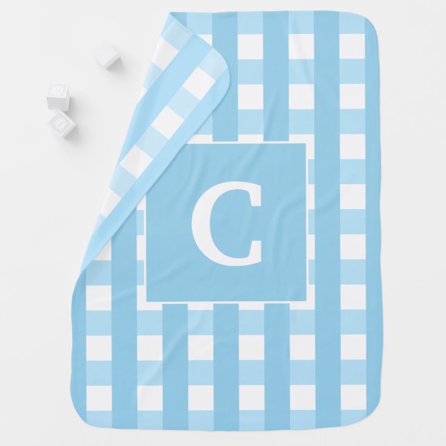 Modern Blue and White Monogram Plaid Baby Blanket (In Situ)
