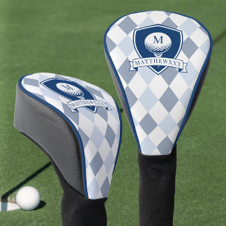 Modern Blue and White Pattern Initial Monogram Golf Head Cover