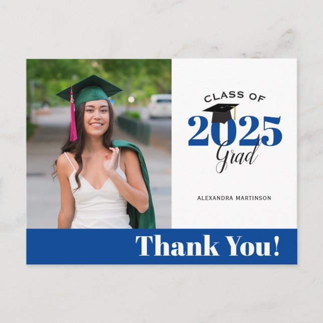 Modern Blue and White Photo Graduation Thank You Postcard (Front)